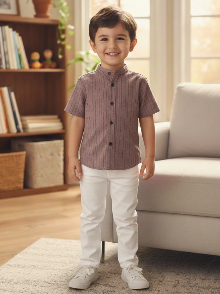 Baby Boy Half Sleeve Cotton Shirt with Mandarin Collar |  Organic Cotton