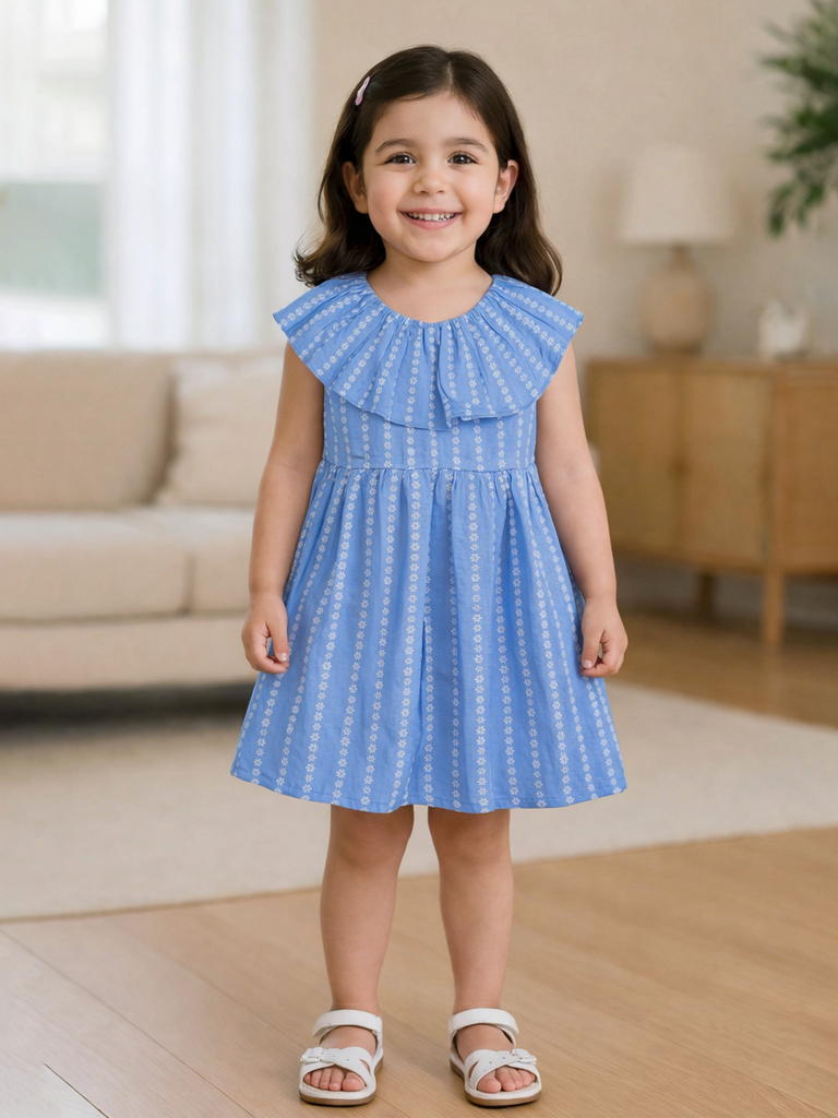 Girls Blue Printed Sleeveless Frock | 100% Organic Cotton