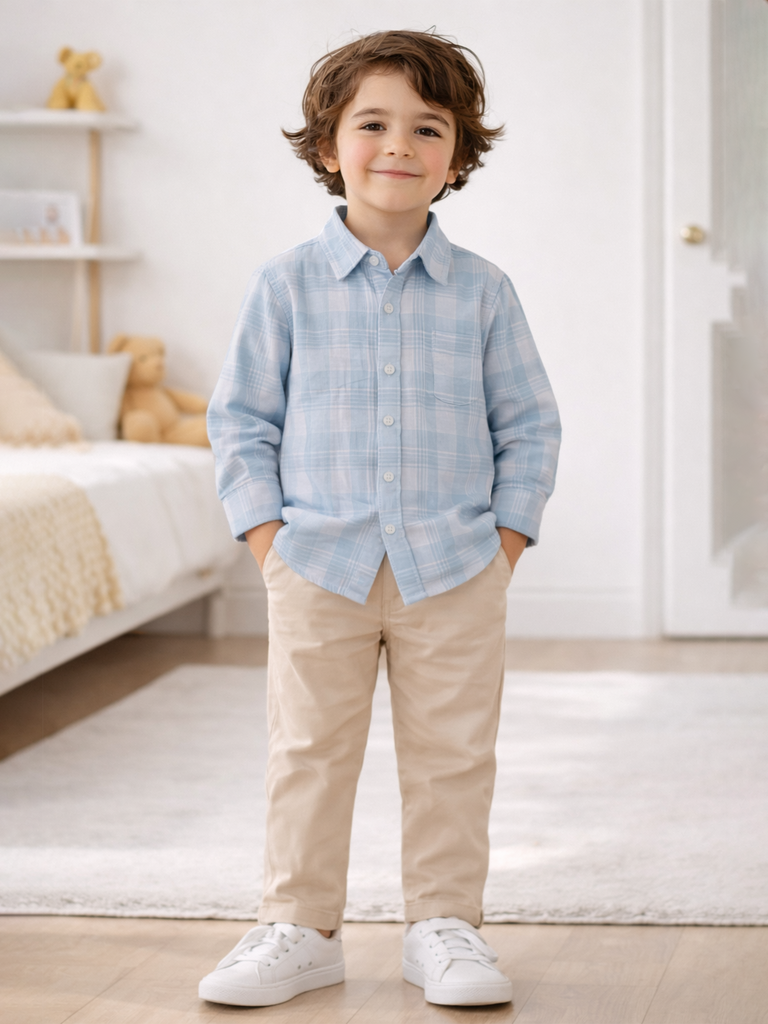 Boys Light Blue Checked Shirt | 100% Organic Cotton