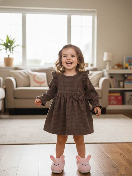 Baby Girl Full Sleeve Ruffle Frock with Floral Applique | Soft Cotton