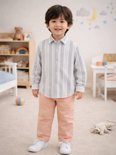 Boy Grey Striped Full Sleeve Shirt | 100% Organic Cotton