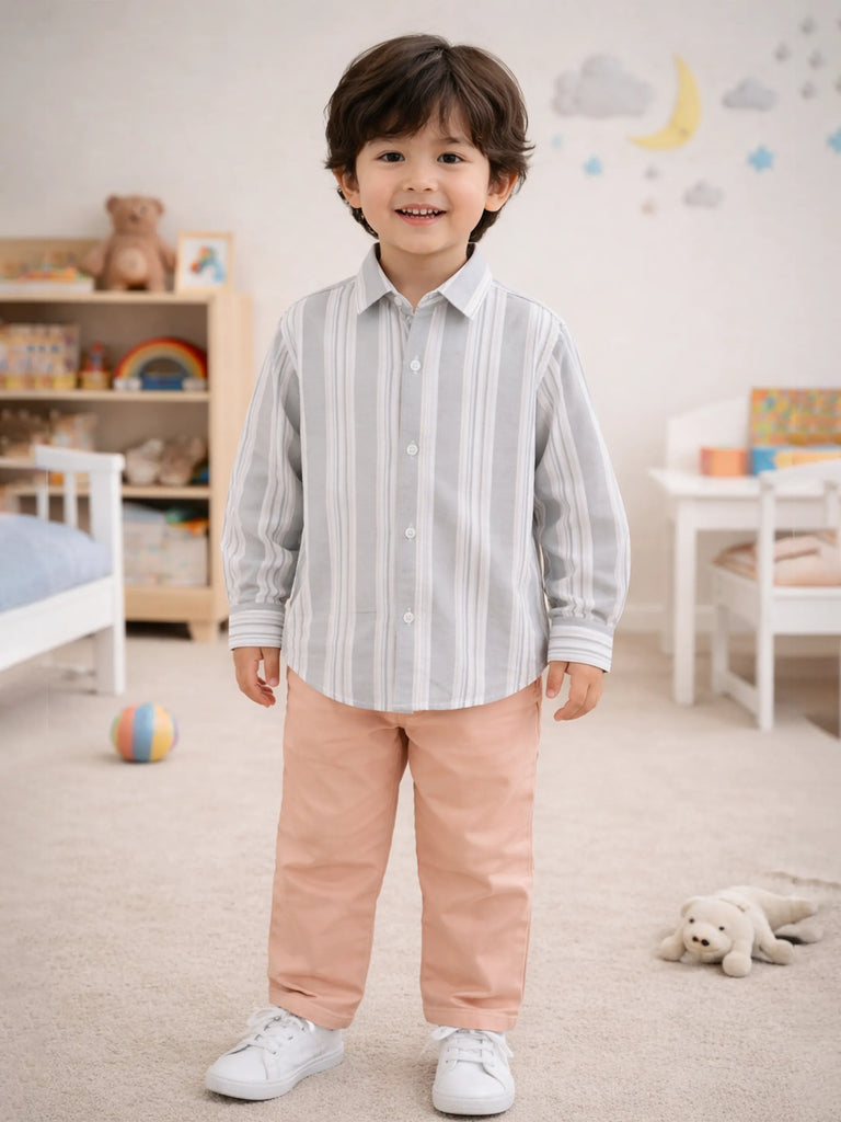 Boy Grey Striped Full Sleeve Shirt | 100% Organic Cotton