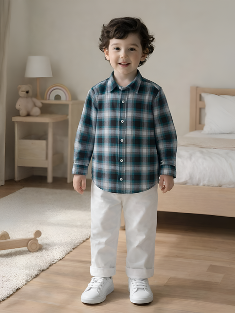 Boys Blue Checked Full Sleeve Shirt | 100% Organic Cotton