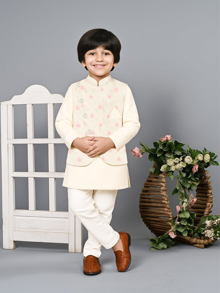 Kidbea Boys Kurta Pajama Set with Asymmetric Embroidered Nehru Jacket | Festive & Ethnic Wear Outfit | Pink