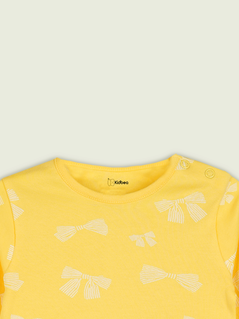Organic Cotton Unisex Baby Co-ord Set – Soft Breathable Yellow Bow Print Full Sleeve T-shirt & Pyjama for Infants