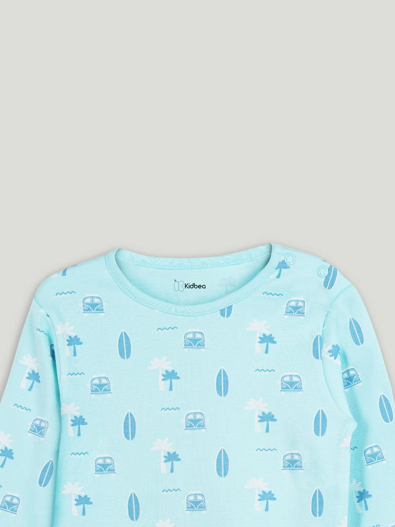 Organic Cotton Unisex Baby Co-ord Set – Soft Breathable Sky Blue Beach Print Full Sleeve T-shirt & Pyjama for Infants