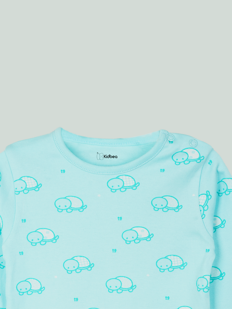 Organic Cotton Unisex Baby Co-ord Set – Soft Breathable Blue Turtle Print Full Sleeve T-shirt & Pyjama for Infants