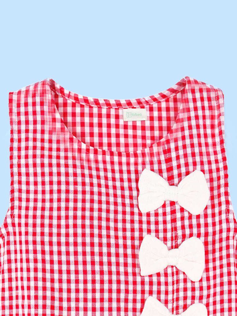 Girls Cotton Gingham Frock – Red Check Dress with White Bow Details