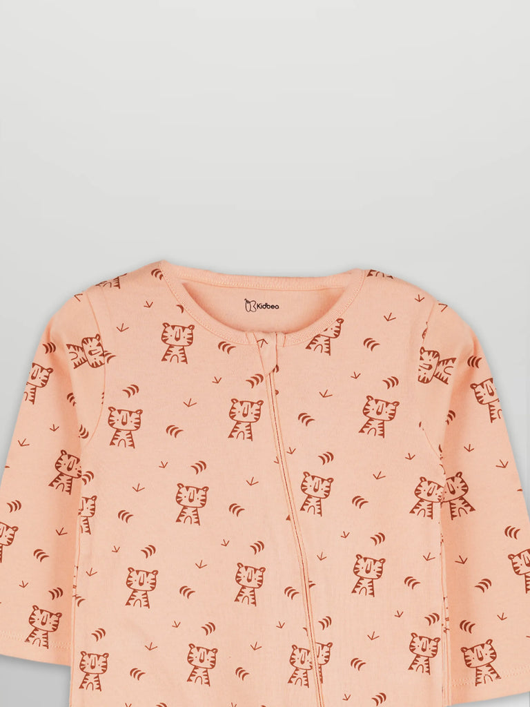 Organic Cotton Baby Romper – Soft Breathable Tiger Print Full Sleeve Zip Sleepsuit