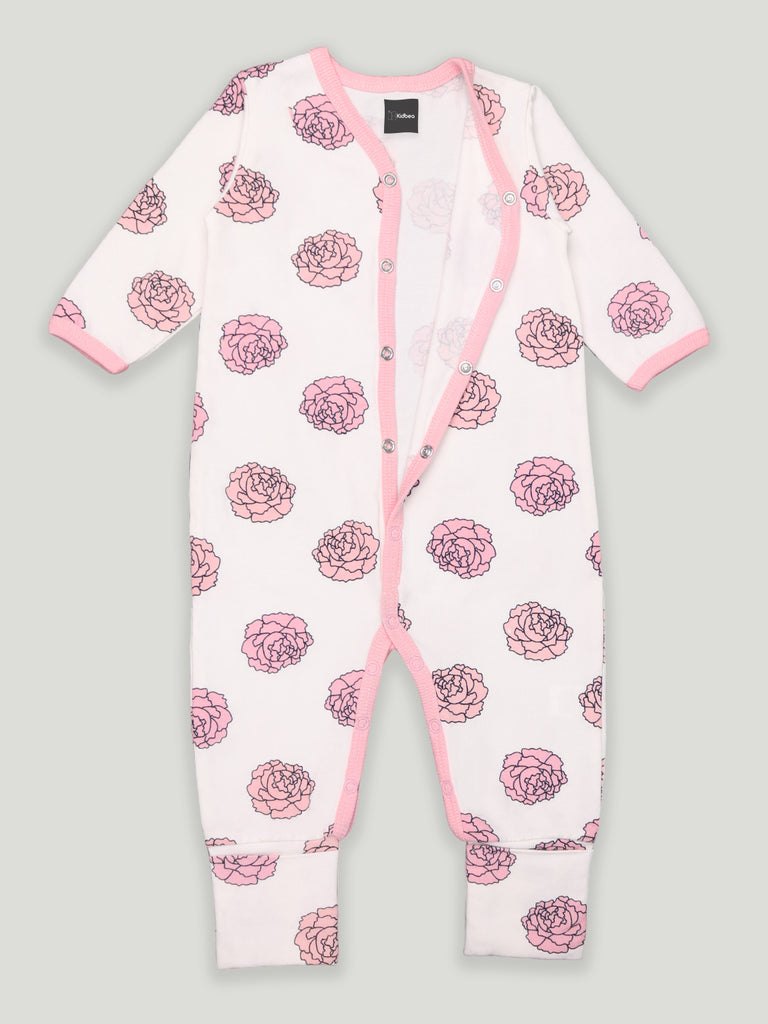 Kidbea 100% cotton  fabric full sleeves & full buttons romper | Flower | Pink