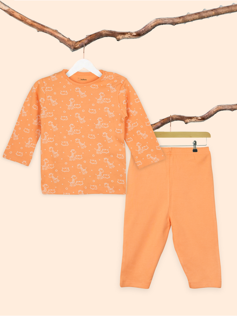 Organic Cotton Unisex Baby Co-ord Set – Soft Breathable Orange Giraffe Print Full Sleeve T-shirt & Pyjama for Infants