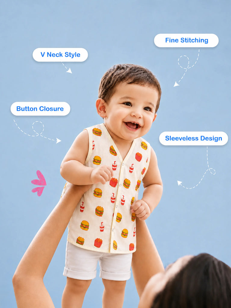 BambooTEC™ Bamboo Muslin Baby Jhabla – Burger & Fries Print