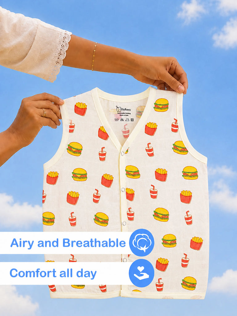 BambooTEC™ Bamboo Muslin Baby Jhabla – Burger & Fries Print
