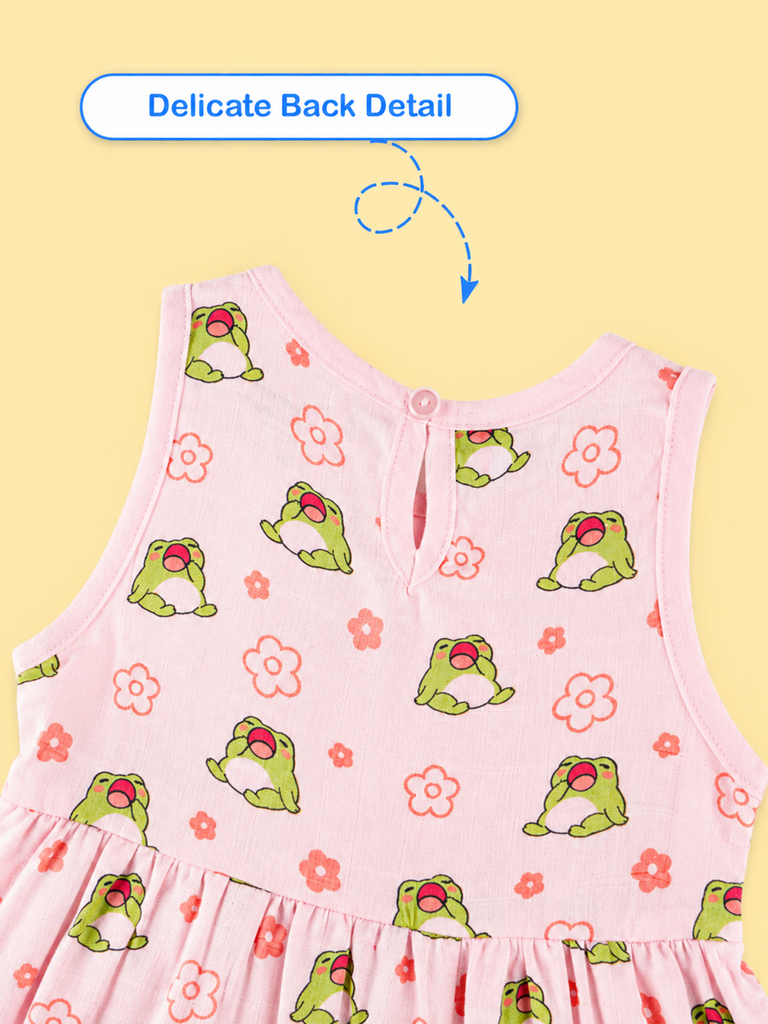 BambooTEC™ Bamboo Muslin Baby Frock – Frog & Floral Print, Soft & Breathable Dress