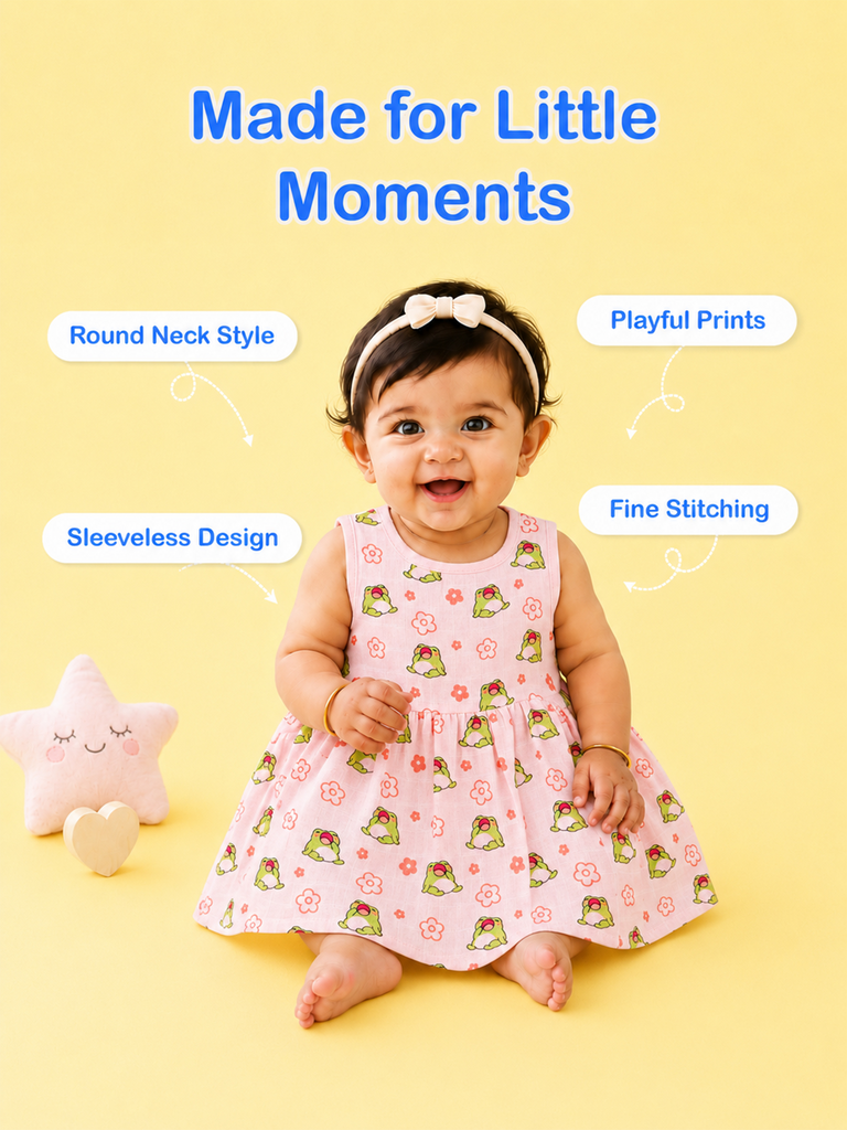 BambooTEC™ Bamboo Muslin Baby Frock – Frog & Floral Print, Soft & Breathable Dress