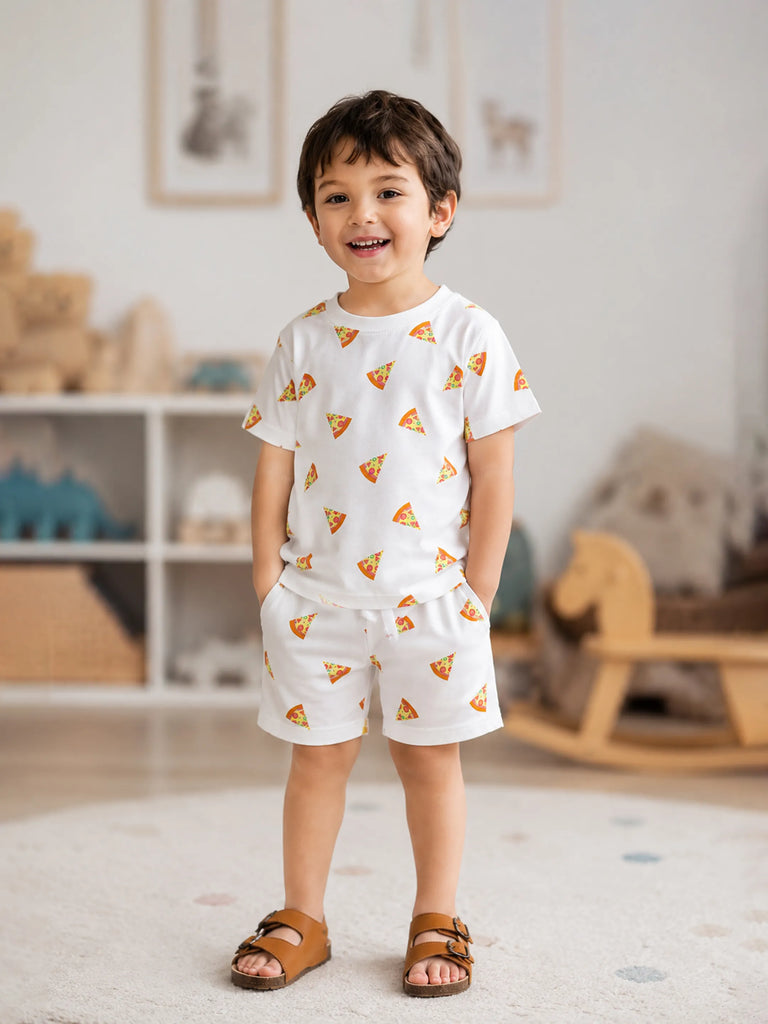 Organic Cotton Unisex Kids Co-ord Set – Soft Breathable Pizza Print T-Shirt & Shorts Set