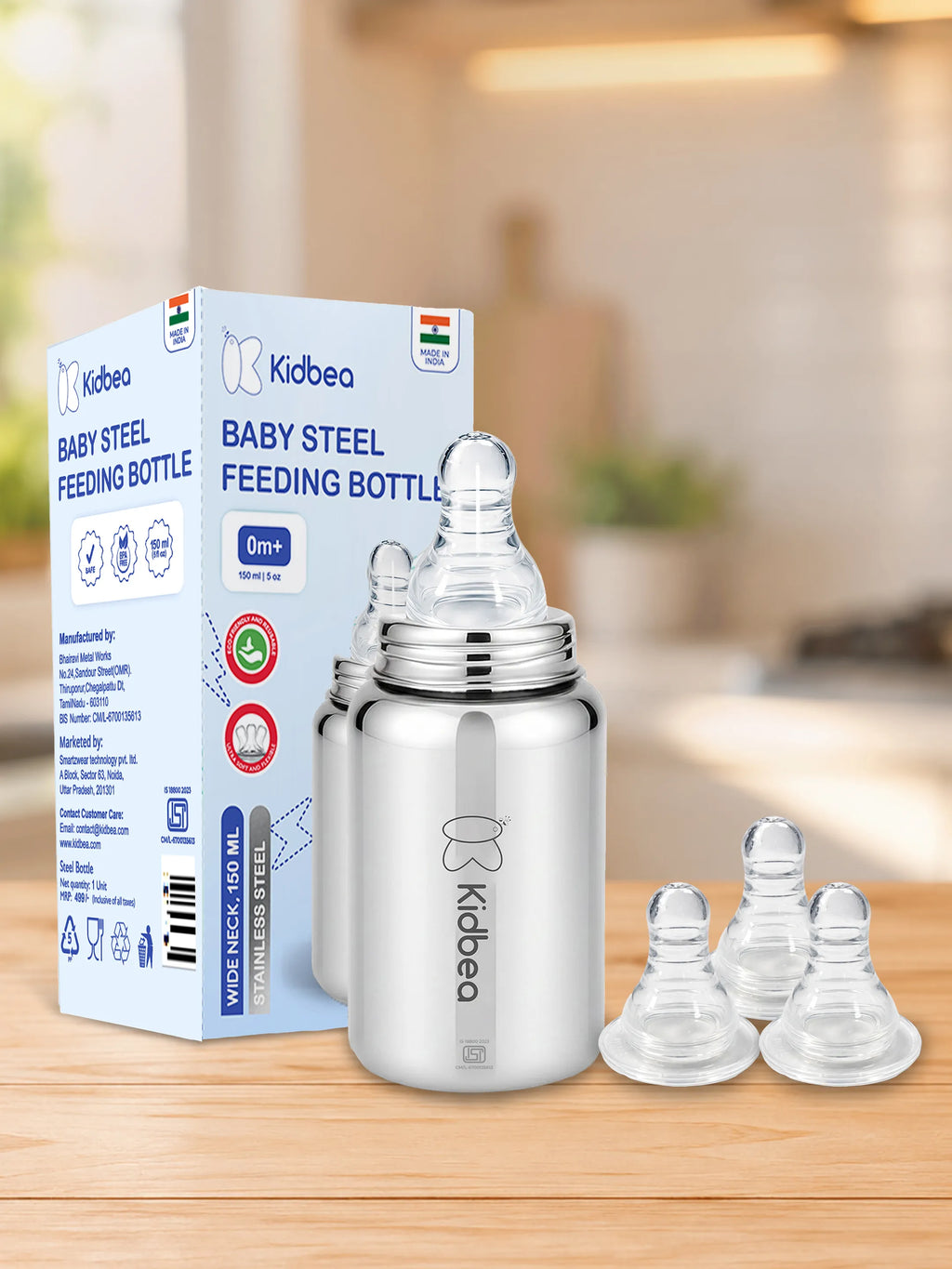 Stainless Steel Feeding Bottle 150ml with 3 Extra Nipples