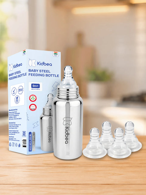 Stainless Steel Feeding Bottle 250ml with 4 Extra Nipples