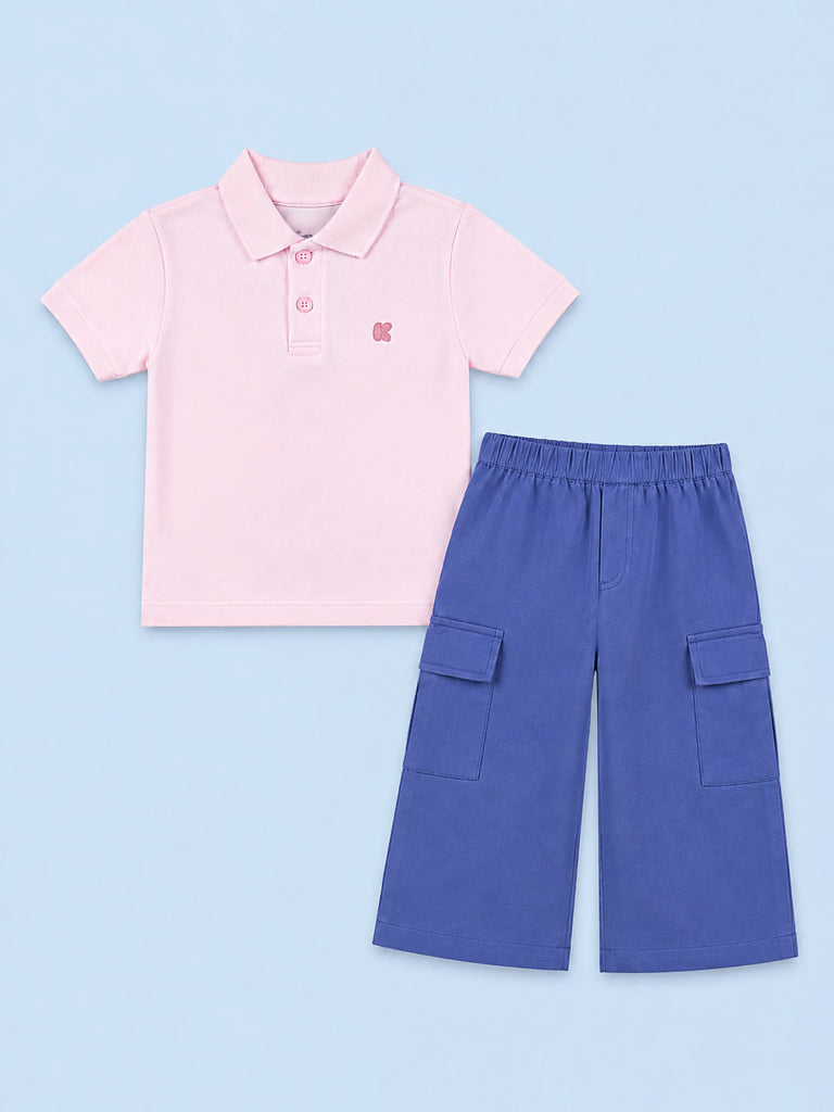 Boys Cotton Co-Ord Set – Pink Polo T-Shirt & Blue Cargo Pants