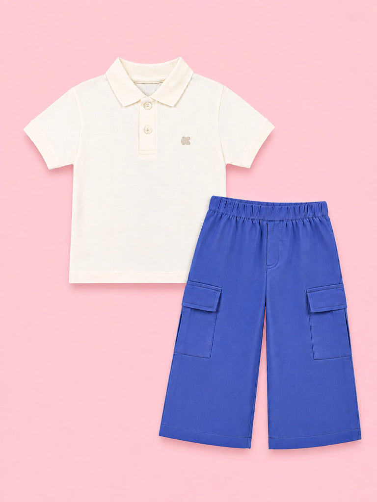 Boys Cotton Co-Ord Set – White Polo T-Shirt & Blue Cargo Pants