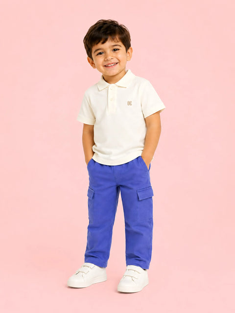 Boys Cotton Co-Ord Set – White Polo T-Shirt & Blue Cargo Pants