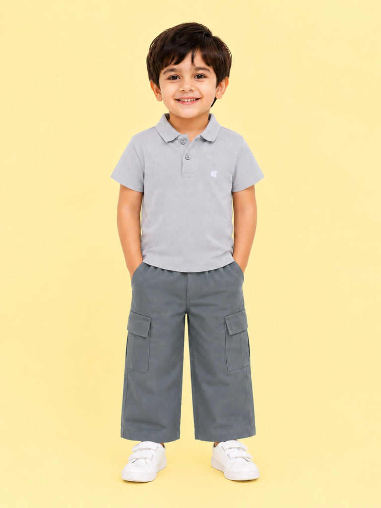 Boys Cotton Co-Ord Set – Grey Polo T-Shirt & Grey Cargo Pants