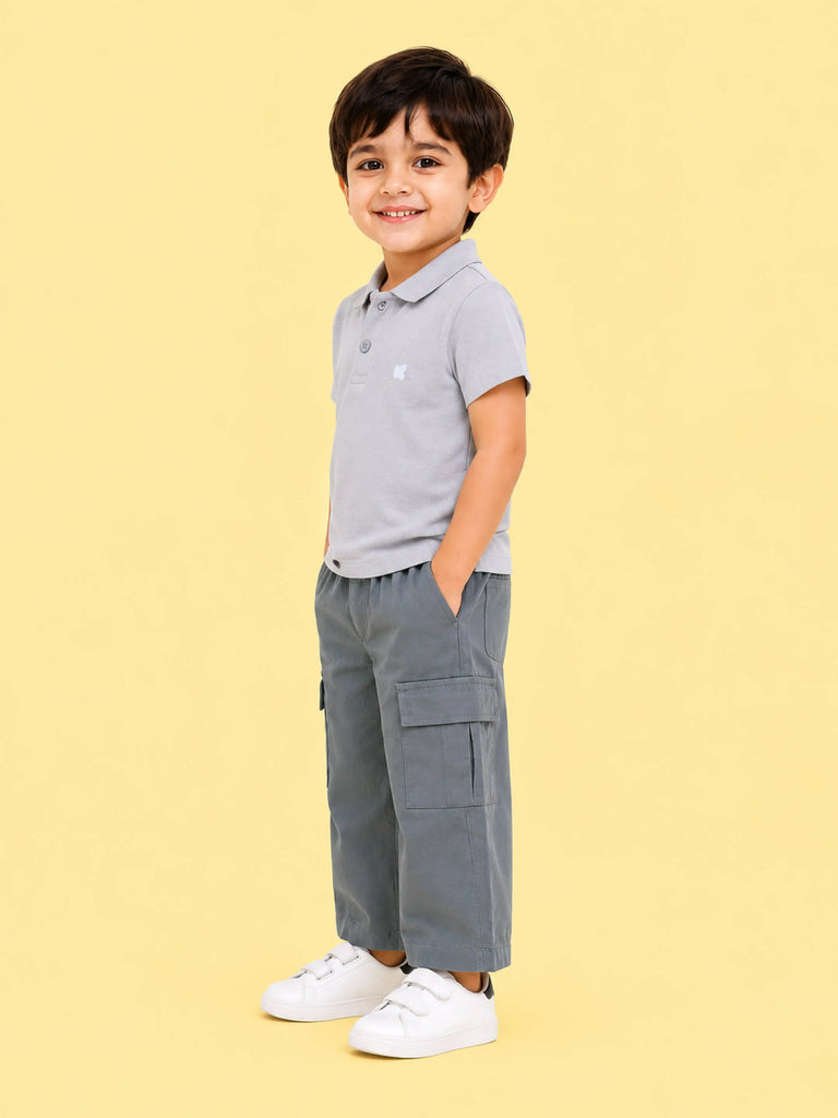 Boys Cotton Co-Ord Set – Grey Polo T-Shirt & Grey Cargo Pants