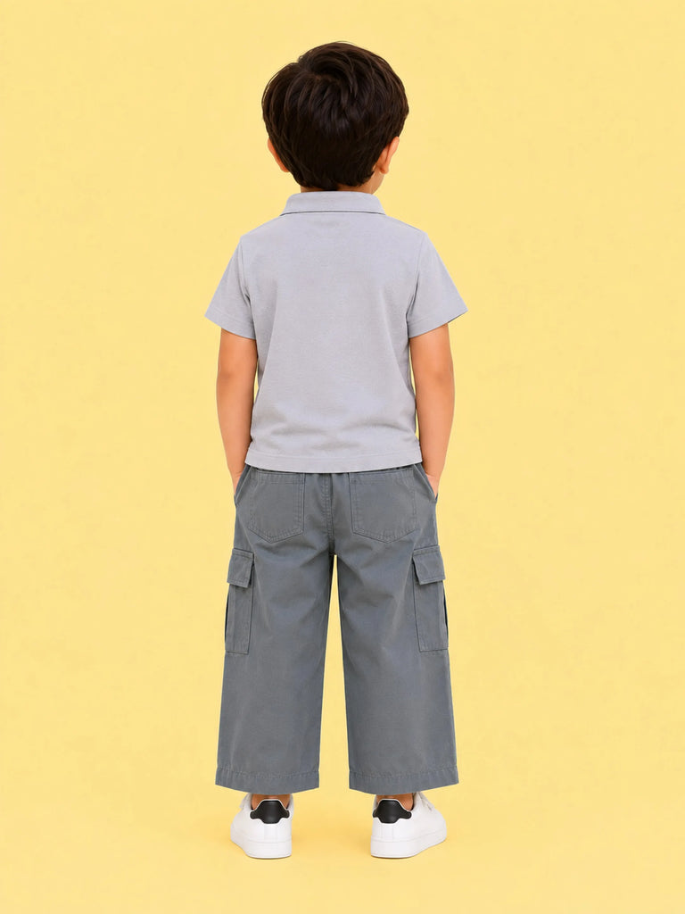 Boys Cotton Co-Ord Set – Grey Polo T-Shirt & Grey Cargo Pants