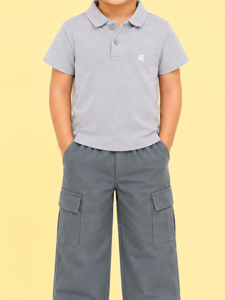 Boys Cotton Co-Ord Set – Grey Polo T-Shirt & Grey Cargo Pants