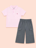 Boys Cotton Co-Ord Set – Pink Polo T-Shirt & Grey Cargo Pants