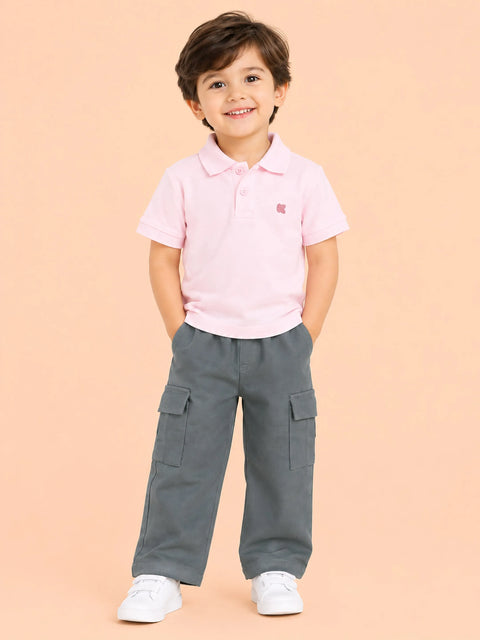 Boys Cotton Co-Ord Set – Pink Polo T-Shirt & Grey Cargo Pants