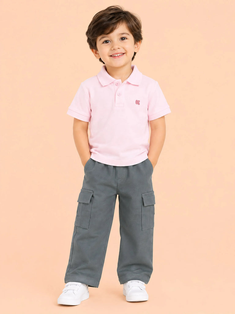 Boys Cotton Co-Ord Set – Pink Polo T-Shirt & Grey Cargo Pants