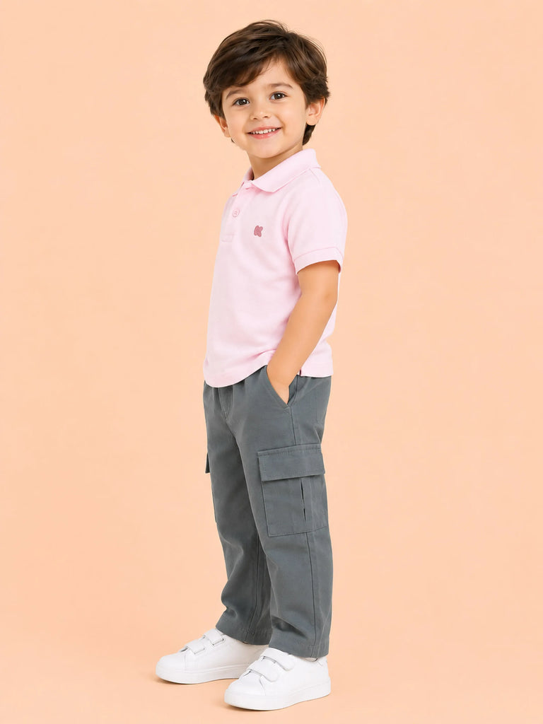 Boys Cotton Co-Ord Set – Pink Polo T-Shirt & Grey Cargo Pants