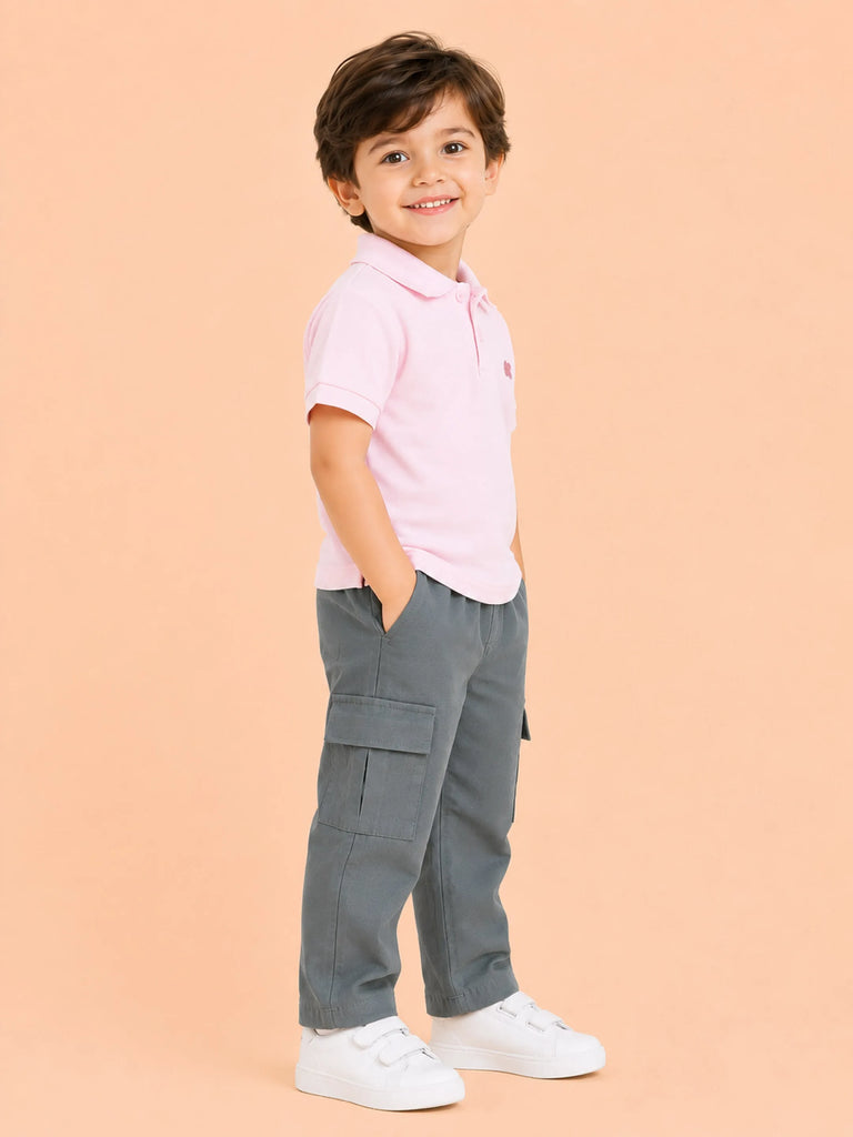Boys Cotton Co-Ord Set – Pink Polo T-Shirt & Grey Cargo Pants