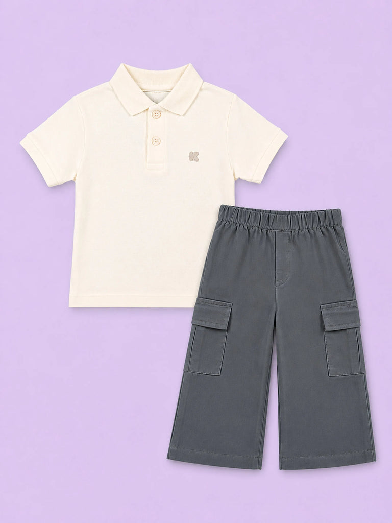 Boys Cotton Co-Ord Set – Off-White Polo T-Shirt & Grey Cargo Pants
