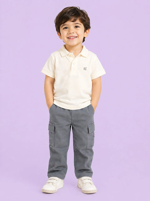 Boys Cotton Co-Ord Set – Off-White Polo T-Shirt & Grey Cargo Pants
