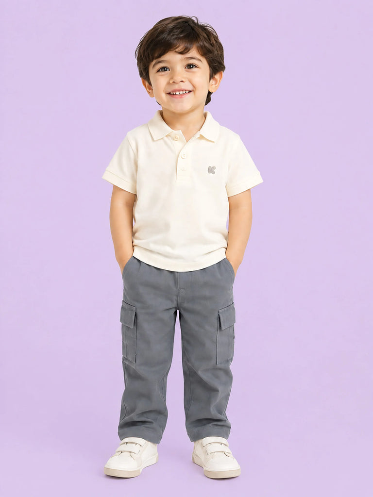 Boys Cotton Co-Ord Set – Off-White Polo T-Shirt & Grey Cargo Pants