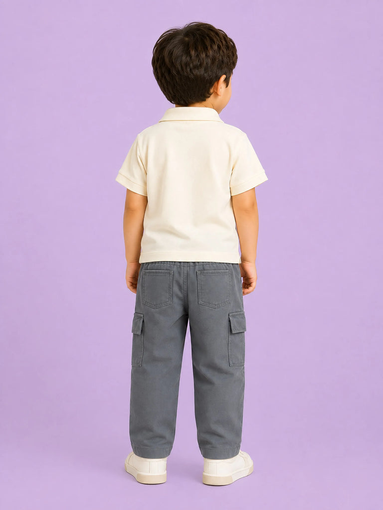 Boys Cotton Co-Ord Set – Off-White Polo T-Shirt & Grey Cargo Pants