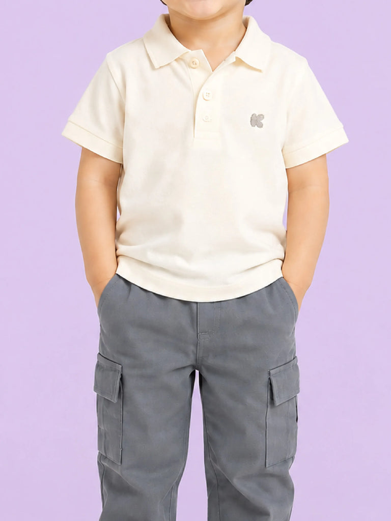 Boys Cotton Co-Ord Set – Off-White Polo T-Shirt & Grey Cargo Pants