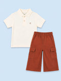 Unisex Cotton Co-Ord Set – Off-White Polo T-Shirt & Rust Cargo Pants