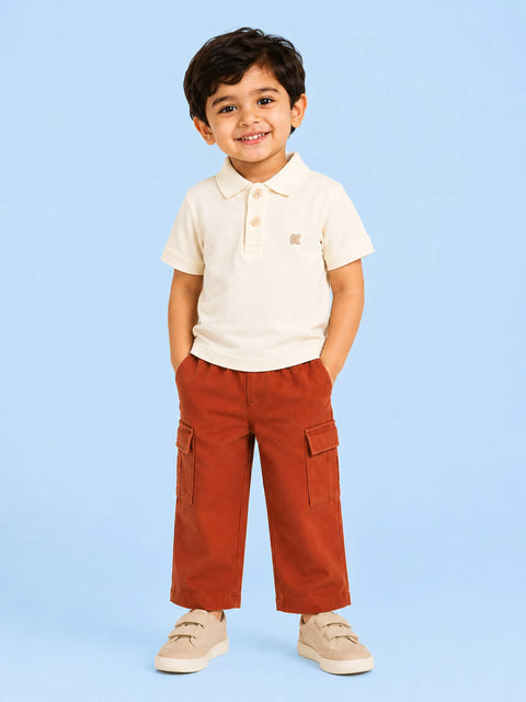 Unisex Cotton Co-Ord Set – Off-White Polo T-Shirt & Rust Cargo Pants