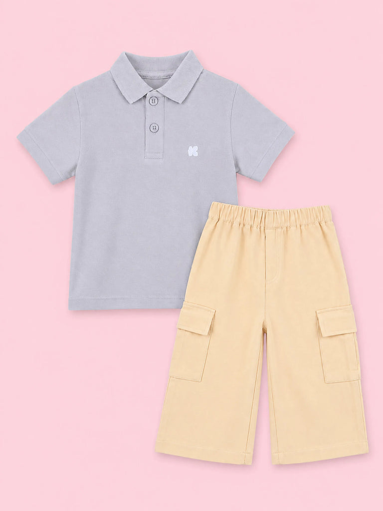 Unisex Cotton Co-Ord Set – Grey Polo T-Shirt & Beige Cargo Shorts