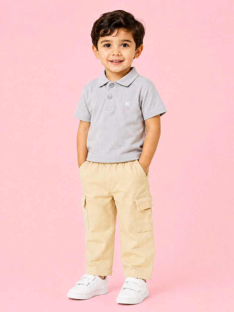 Unisex Cotton Co-Ord Set – Grey Polo T-Shirt & Beige Cargo Shorts