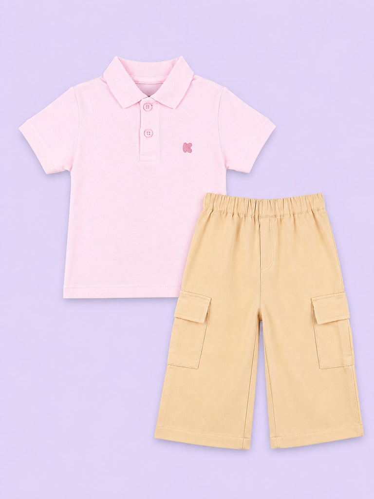 Boys Cotton Co-Ord Set – Pink Polo T-Shirt & Beige Cargo Pants