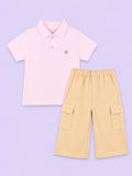 Boys Cotton Co-Ord Set – Pink Polo T-Shirt & Beige Cargo Pants