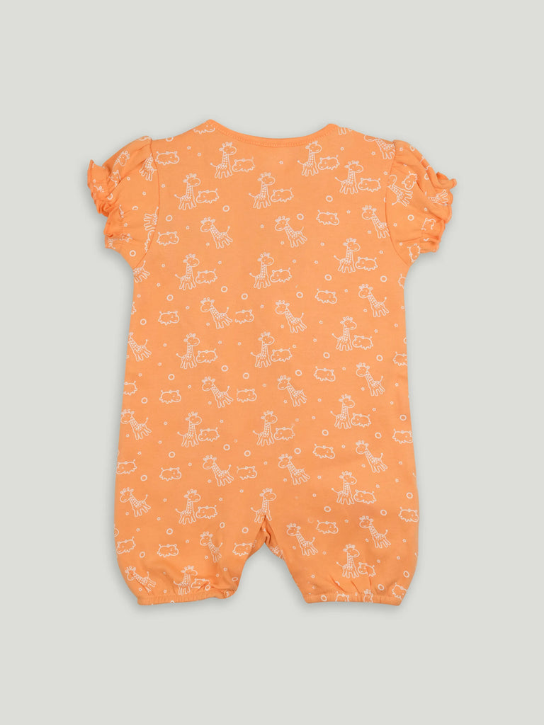 Baby Girl Orange Giraffe Print Romper with Ruffle Sleeves