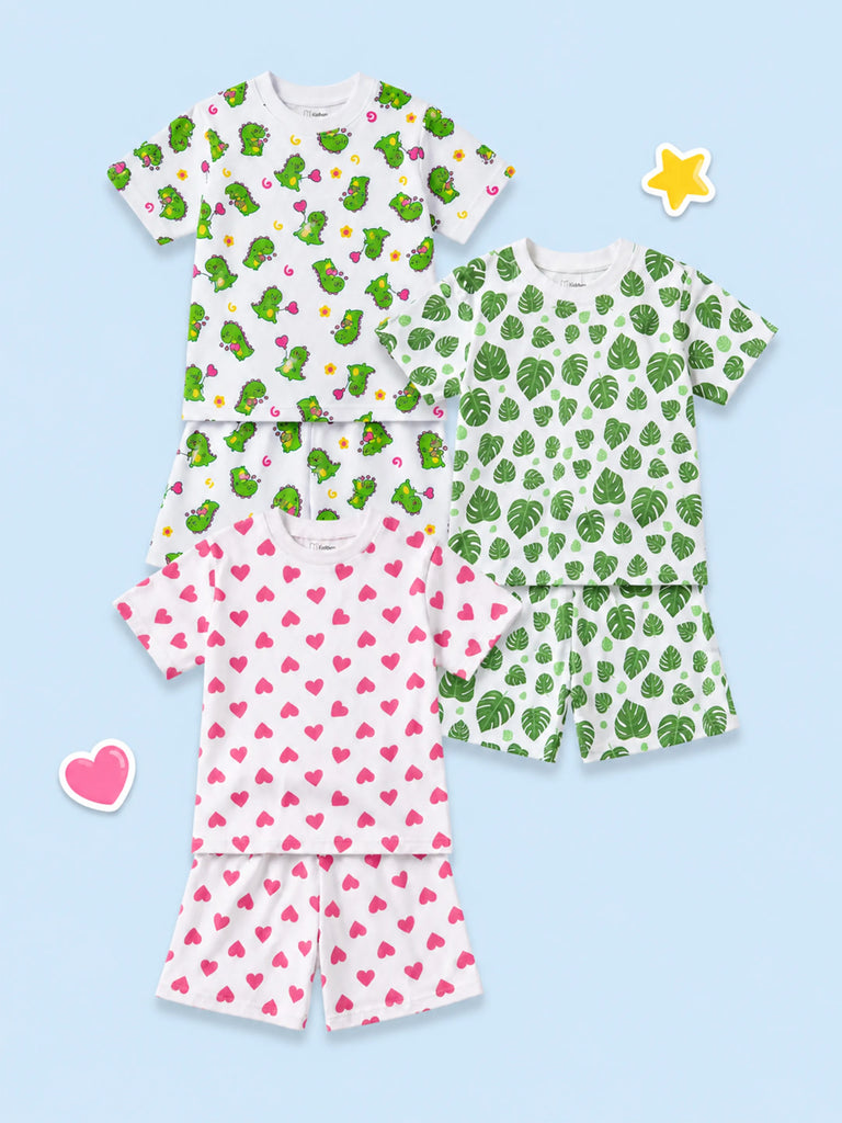 Organic Cotton Unisex Kids Co-ord Set Pack of 3 – Soft Breathable Dinosaur, Leaf & Heart Print T-Shirt & Shorts Set