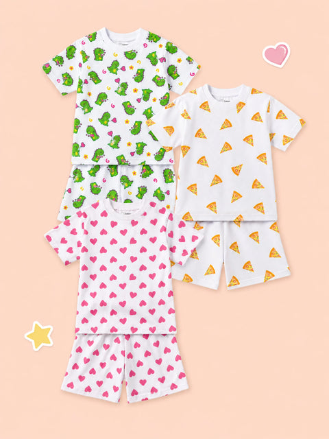 Organic Cotton Unisex Kids Co-ord Set Pack of 3 – Soft Breathable Dinosaur, Pizza & Heart Print T-Shirt & Shorts Set