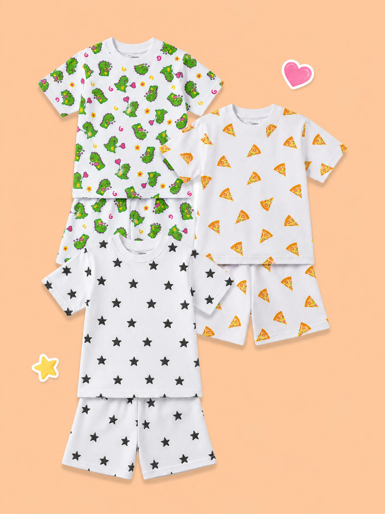 Organic Cotton Unisex Kids Co-ord Set Pack of 3 – Soft Breathable Dinosaur, Pizza & Star Print T-Shirt & Shorts Set