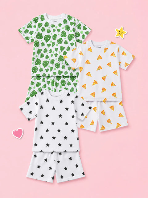 Organic Cotton Unisex Kids Co-ord Set Pack of 3 – Soft Breathable Leaf, Pizza & Star Print T-Shirt & Shorts Set